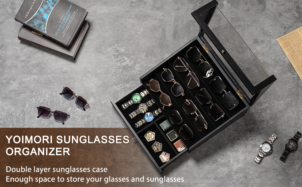 Emfogo Wooden Sunglasses Organizer for 14 Pairs with Clear Lid and Drawer product details