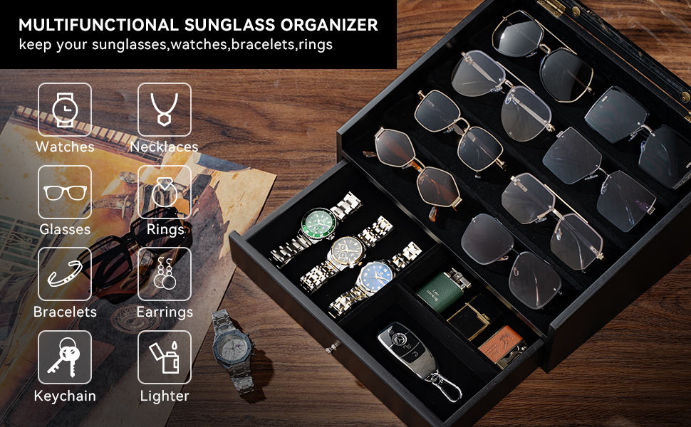 Emfogo Wooden Sunglasses Organizer for 14 Pairs with Clear Lid and Drawer product details