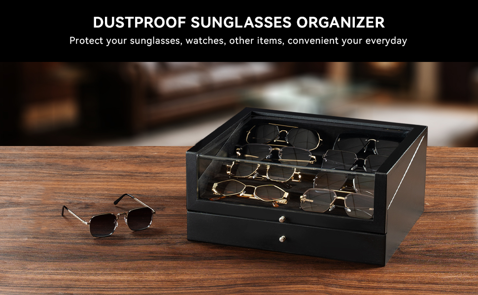 Emfogo Wooden Sunglasses Organizer for 14 Pairs with Clear Lid and Drawer product details