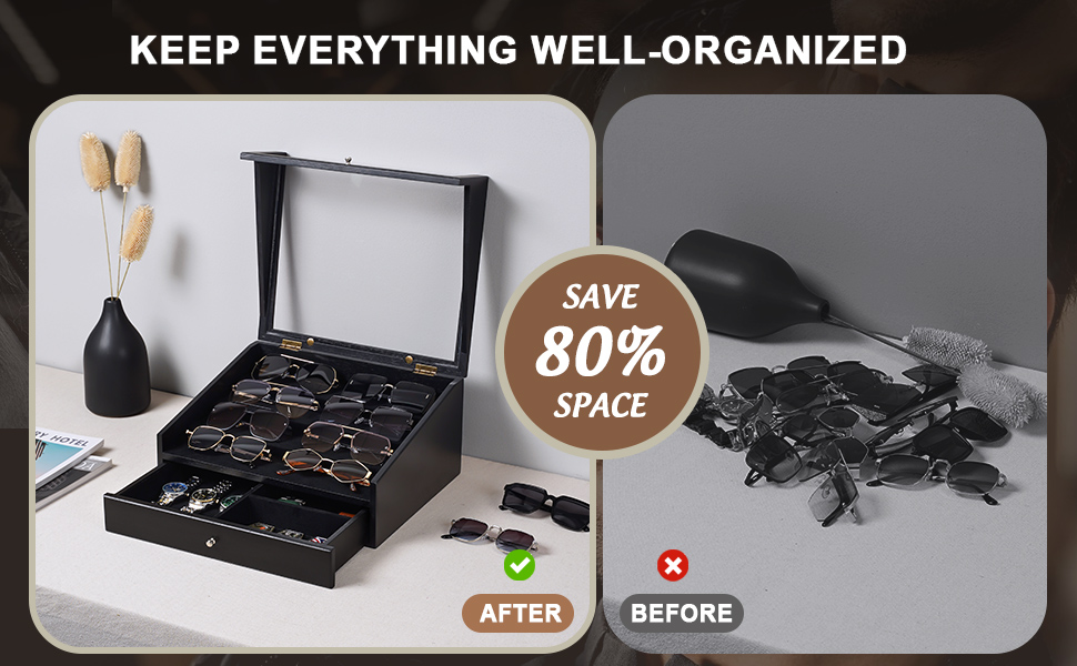 Emfogo Wooden Sunglasses Organizer for 14 Pairs with Clear Lid and Drawer product details