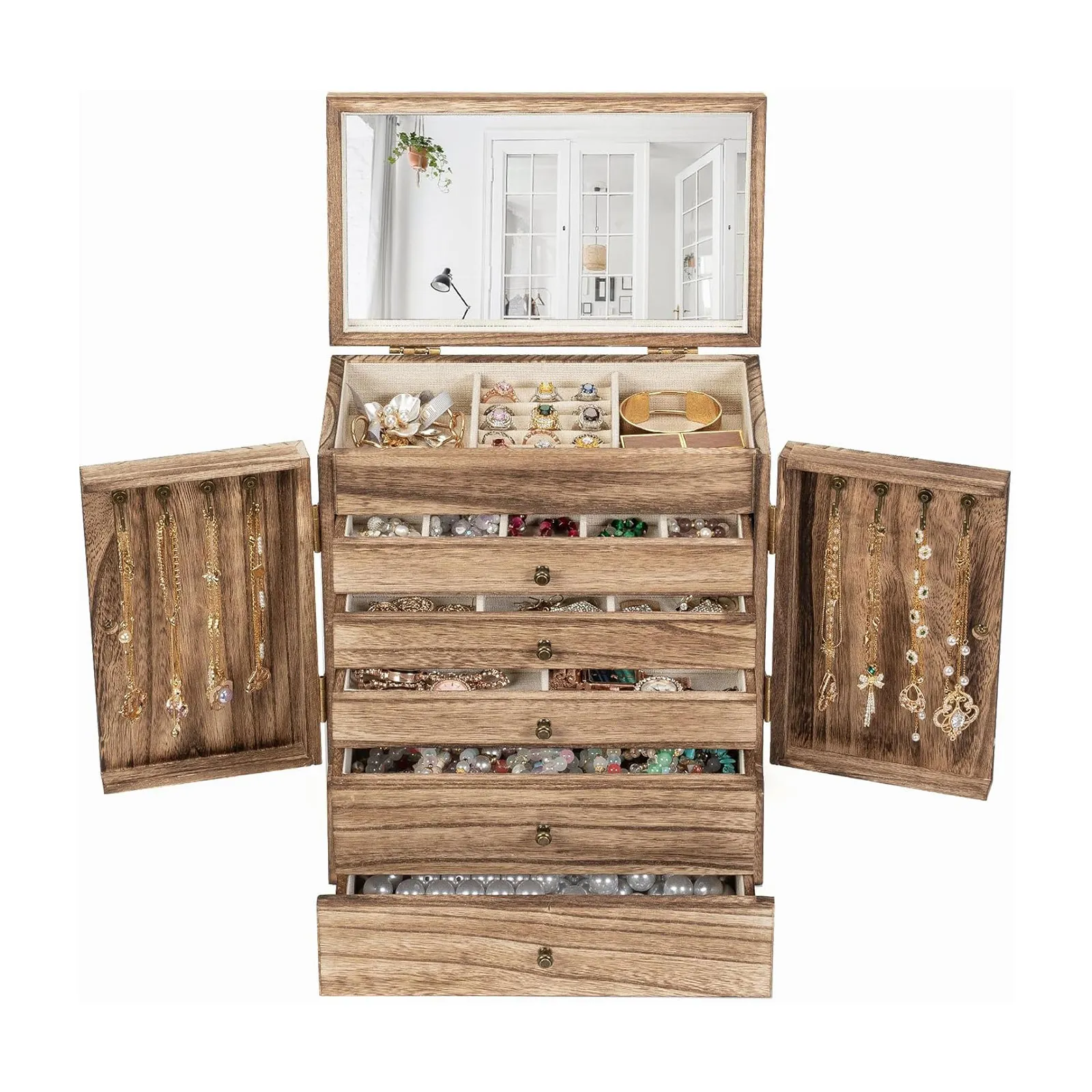 未标题-1 Emfogo 6-Tier Wooden Jewelry Box with Mirror, Large Rustic Jewelry Organizer for Rings, Necklaces & Watches - Image 1