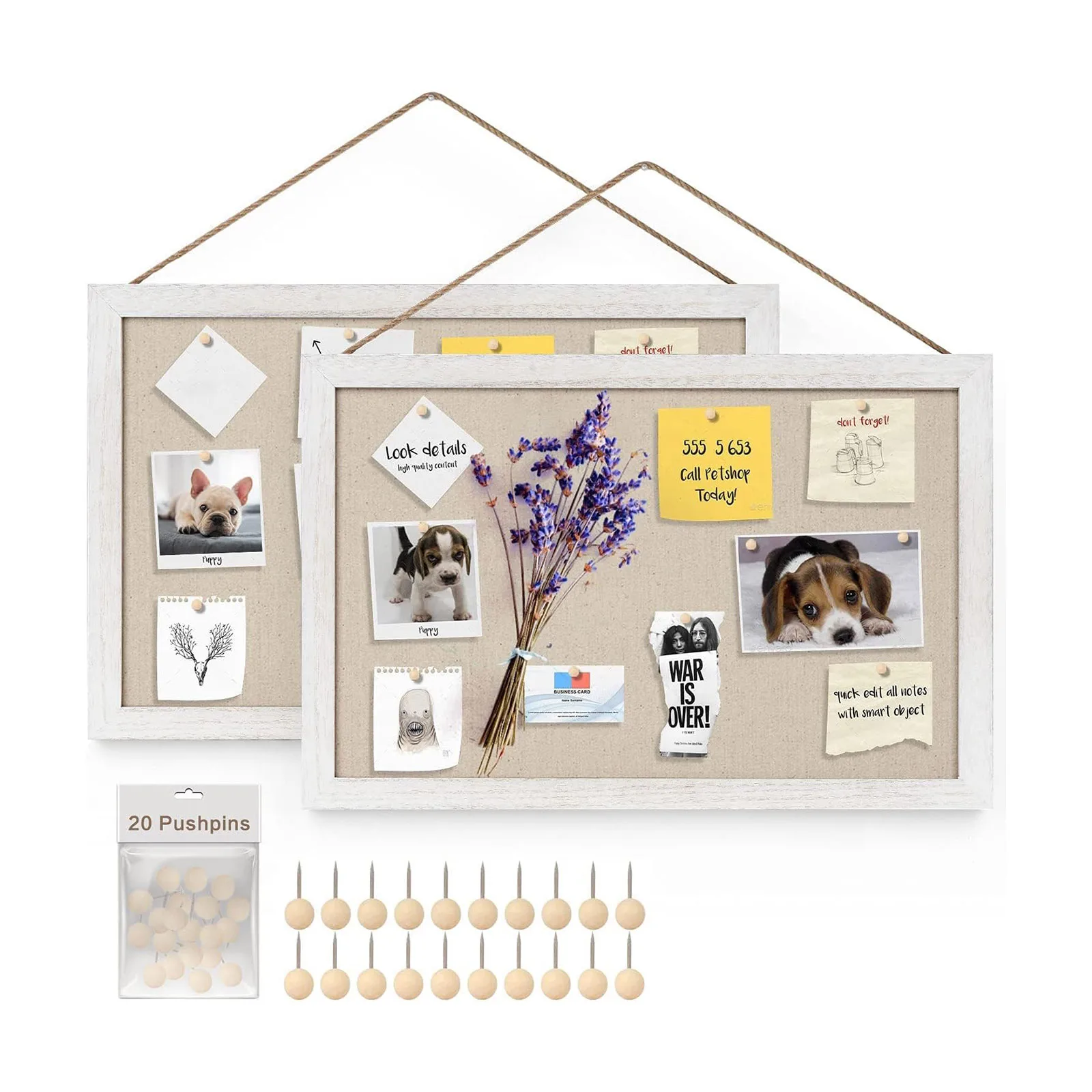 未标题-1 Linen Cork Board, Wood Framed Vintage White Bulletin Board with Push Pins - Image 1