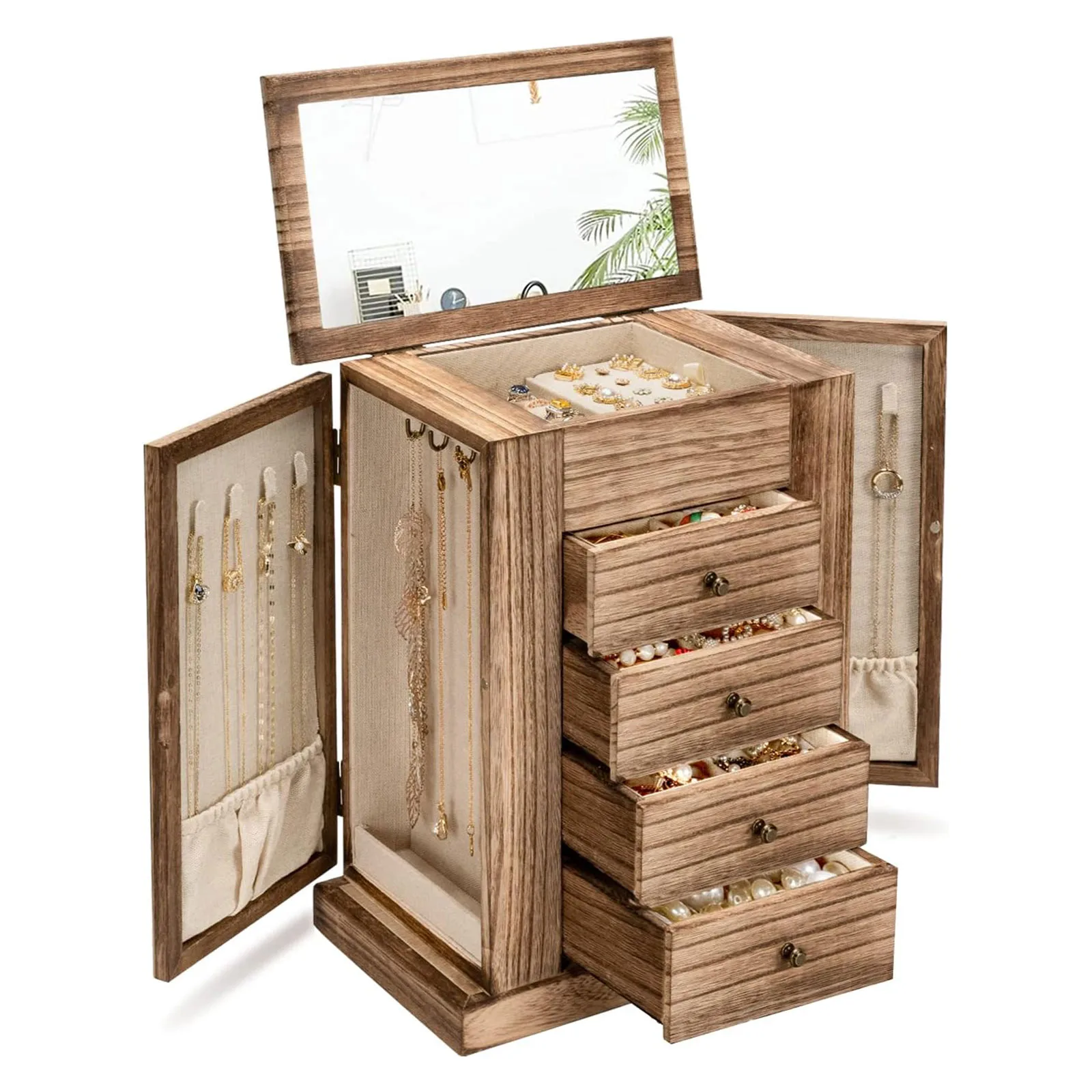 未标题-1-恢复的 Emfogo 5 Layer Large Wood Jewelry Box with Mirror & Drawers, Rustic Organizer for Necklaces, Earrings, Rings and Bracelets - Image 1