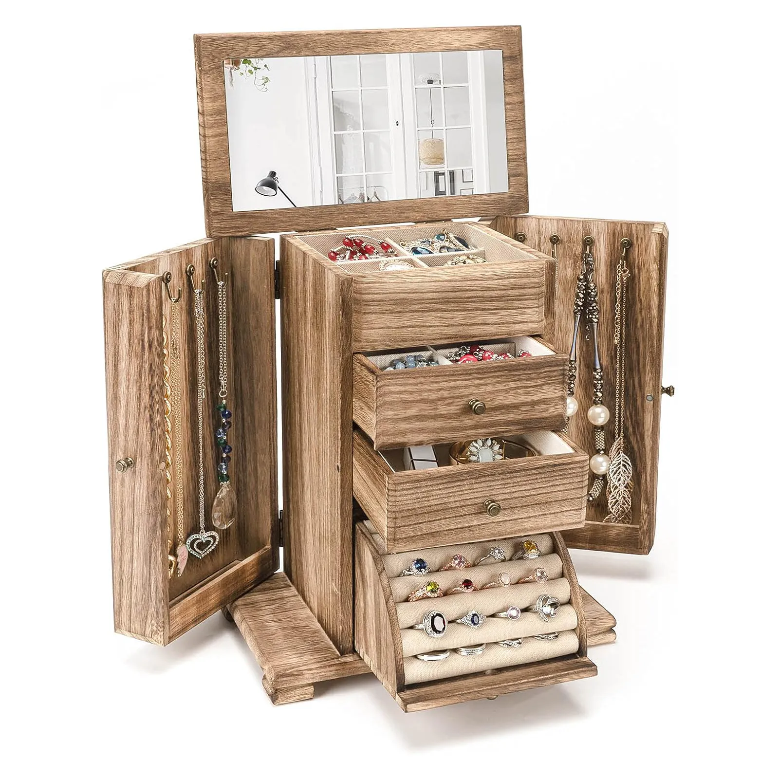 未标题-1 Rustic Wooden 4-Layer Jewelry Box with Mirror for Women - Image 1