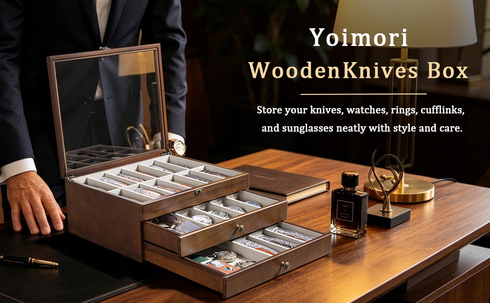 Emfogo 3-Tier Wooden Pocket Knife Display Case with Glass Lid and Drawer product details