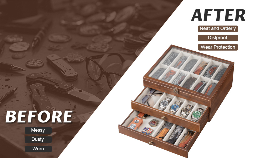 Emfogo 3-Tier Wooden Pocket Knife Display Case with Glass Lid and Drawer product details