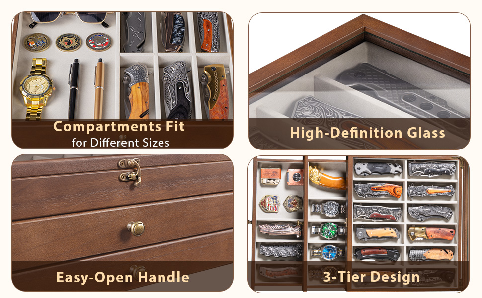 Emfogo 3-Tier Wooden Pocket Knife Display Case with Glass Lid and Drawer product details
