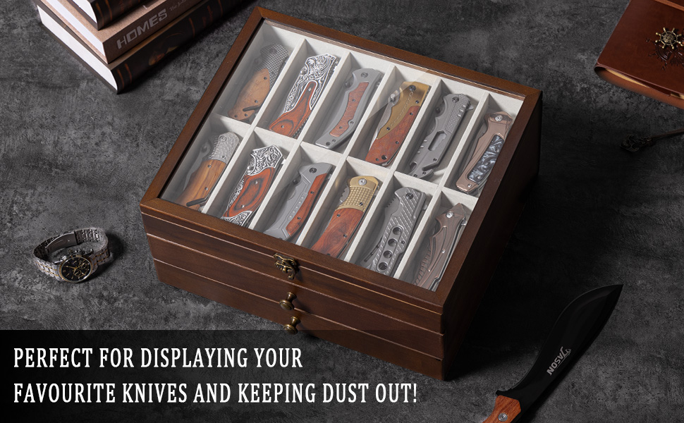 Emfogo 3-Tier Wooden Pocket Knife Display Case with Glass Lid and Drawer product details