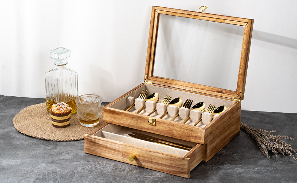Emfogo Wooden Silverware Storage Box with Drawer, Flatware Organizer for Utensils product details