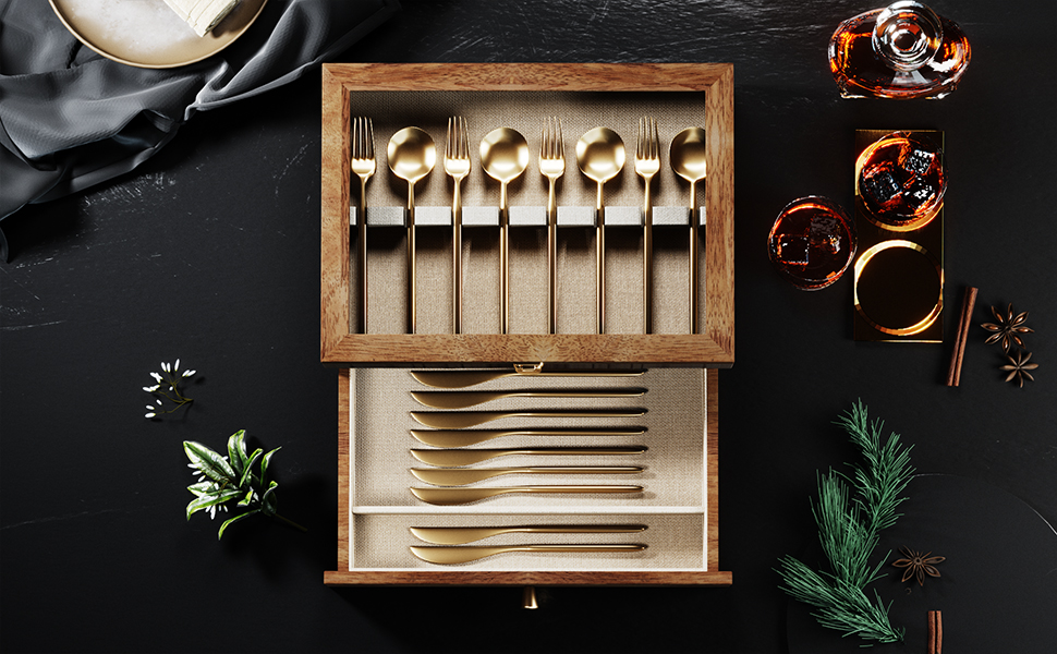 Emfogo Wooden Silverware Storage Box with Drawer, Flatware Organizer for Utensils product details