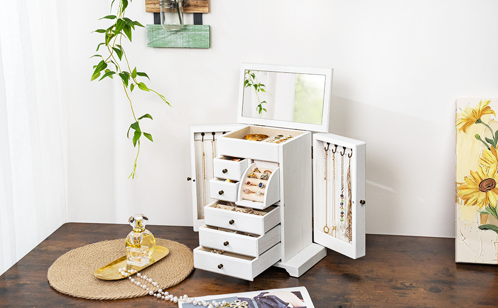 Emfogo 6-Layer Wooden Jewelry Box with Mirror for Women product details