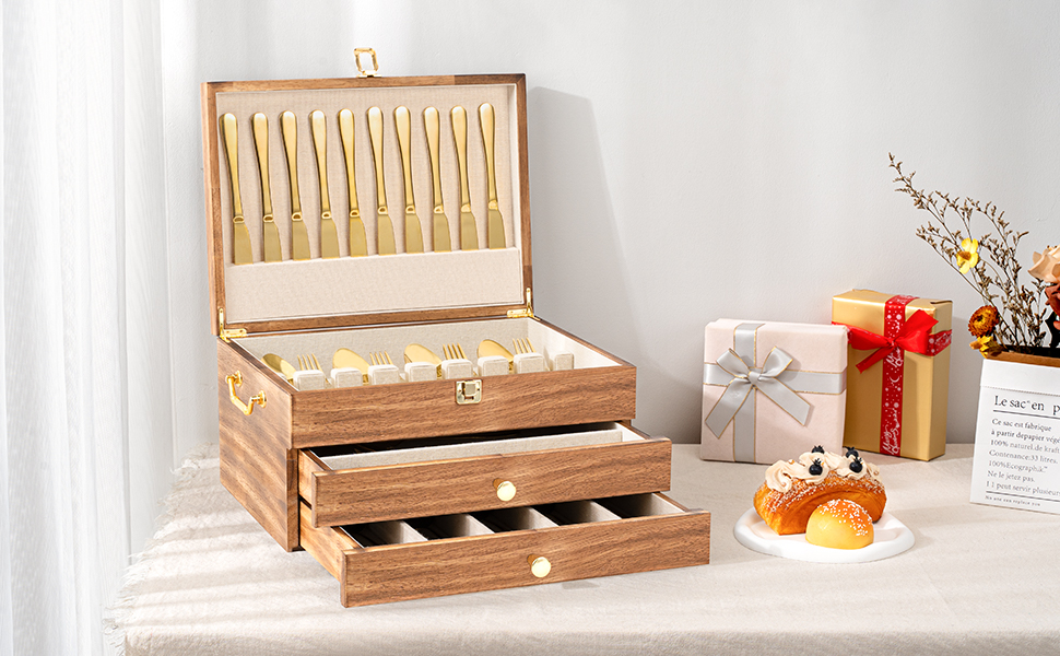 Emfogo Wooden Silverware Storage Box, Flatware Organizer for Utensils product details