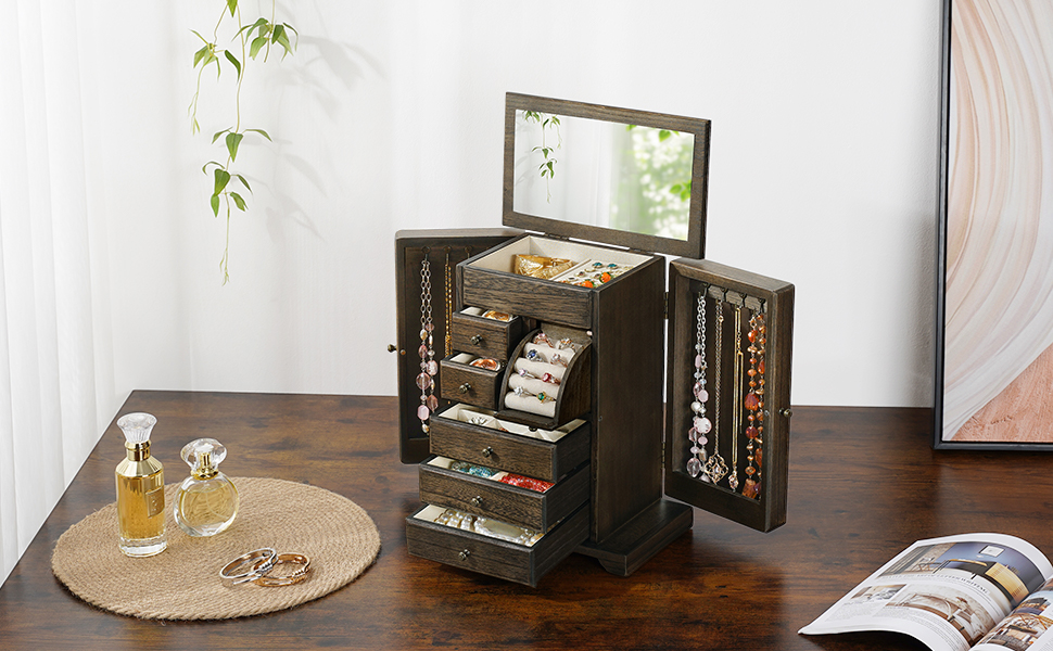Emfogo 6-Layer Wooden Jewelry Box with Mirror for Women product details