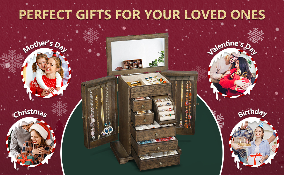 Emfogo 6-Layer Wooden Jewelry Box with Mirror for Women product details
