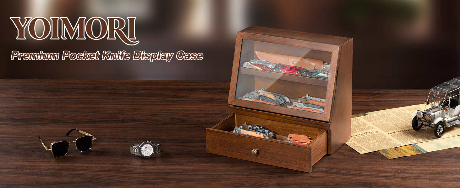 Emfogo Wooden Pocket Knife Display Case with Clear Lid product details