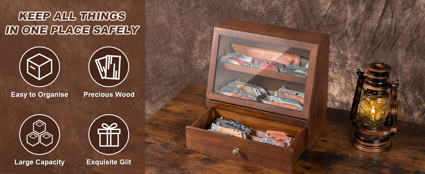 Emfogo Wooden Pocket Knife Display Case with Clear Lid product details