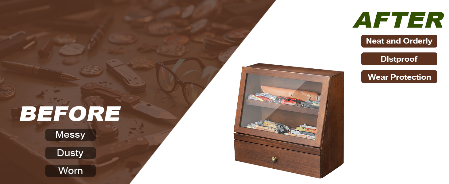 Emfogo Wooden Pocket Knife Display Case with Clear Lid product details