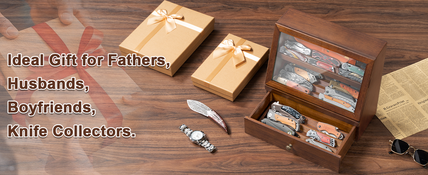 Emfogo Wooden Pocket Knife Display Case with Clear Lid product details
