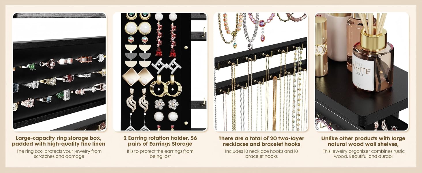 Emfogo Jewelry Organizer Hanging Wall Mounted Jewelry Holder, 5-in-1 Large Capacity Rustic Wood Necklace Wall product details
