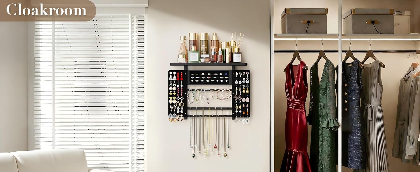 Emfogo Jewelry Organizer Hanging Wall Mounted Jewelry Holder, 5-in-1 Large Capacity Rustic Wood Necklace Wall product details