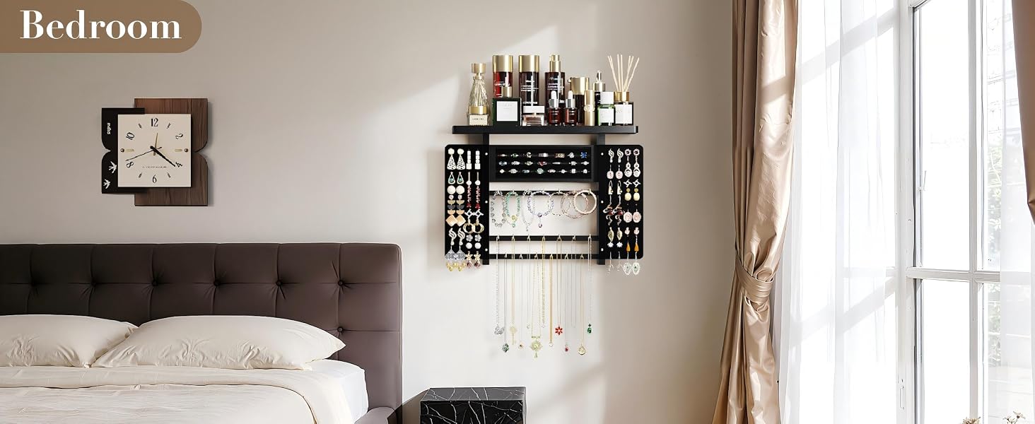 Emfogo Jewelry Organizer Hanging Wall Mounted Jewelry Holder, 5-in-1 Large Capacity Rustic Wood Necklace Wall product details