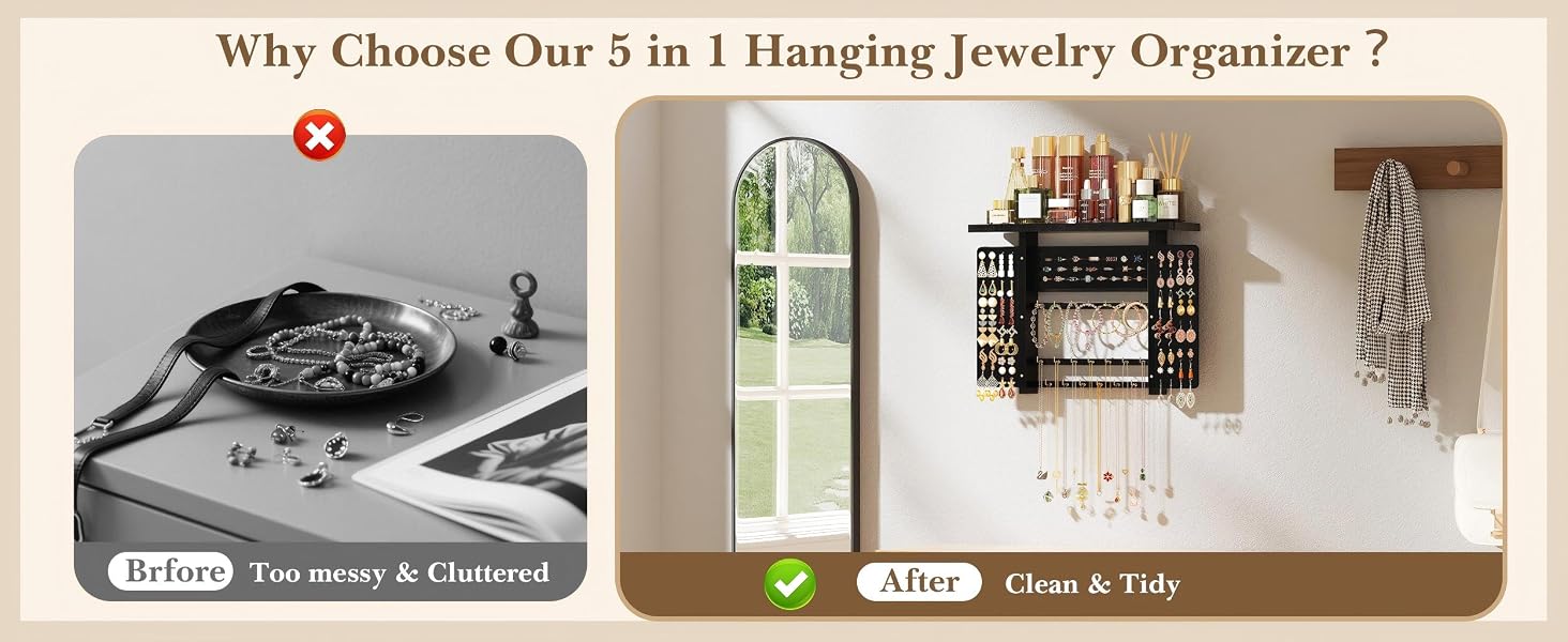 Emfogo Jewelry Organizer Hanging Wall Mounted Jewelry Holder, 5-in-1 Large Capacity Rustic Wood Necklace Wall product details