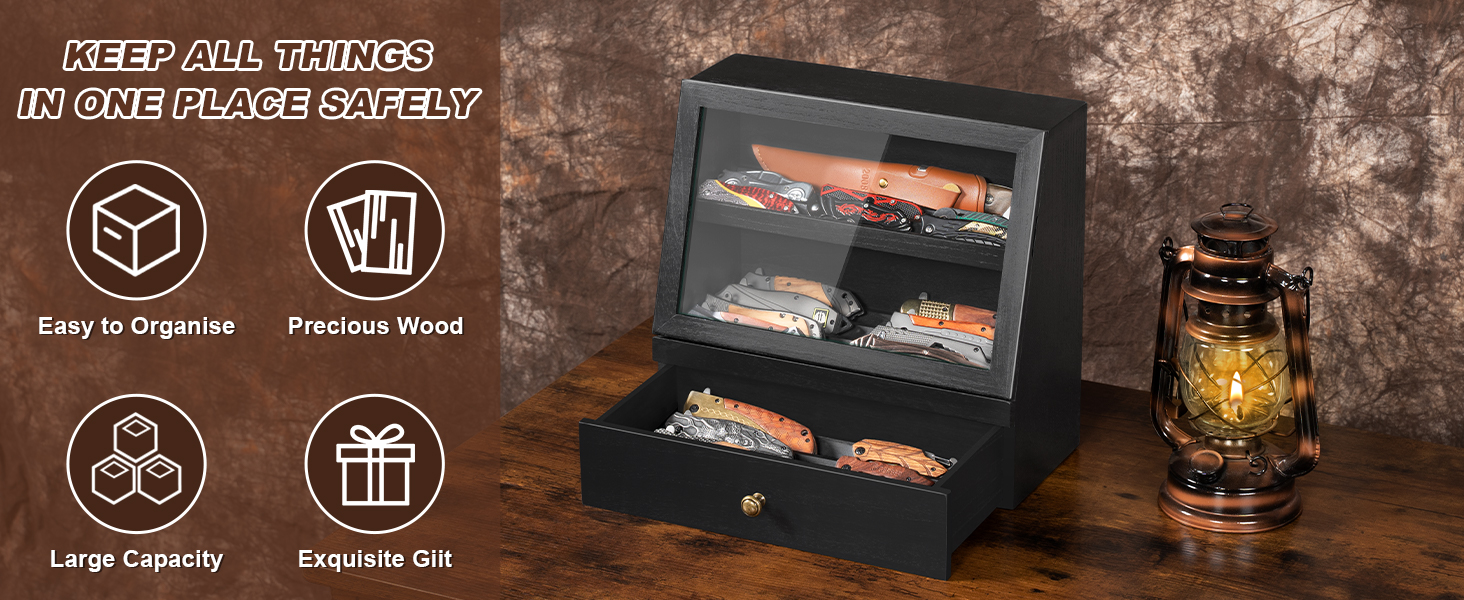 Emfogo Wooden Pocket Knife Display Case with Clear Lid product details