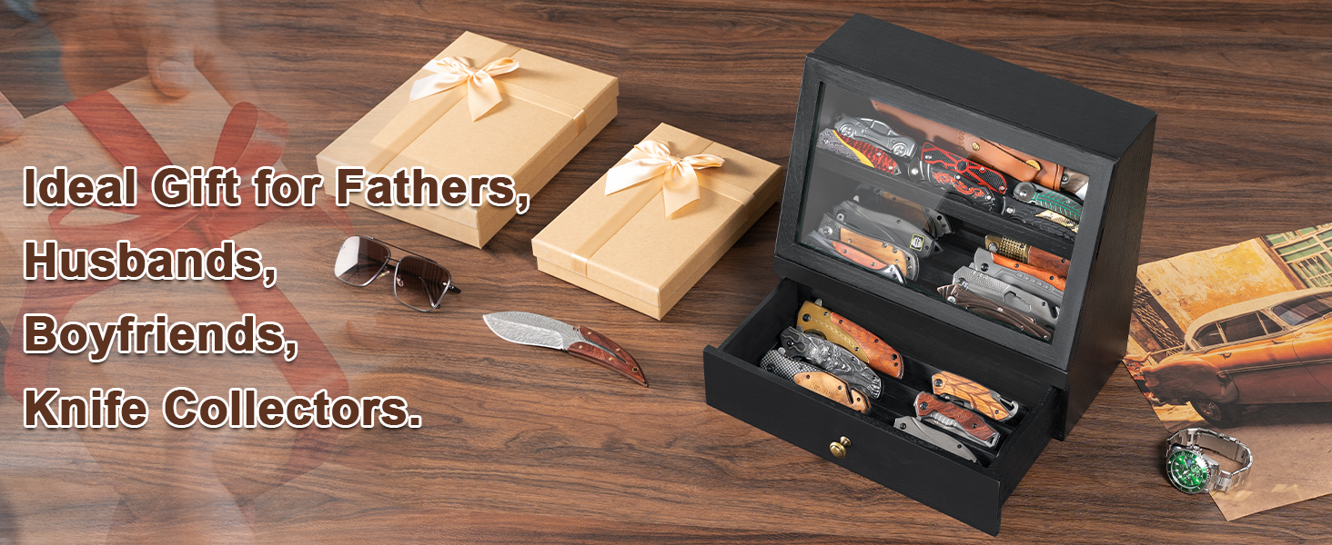 Emfogo Wooden Pocket Knife Display Case with Clear Lid product details