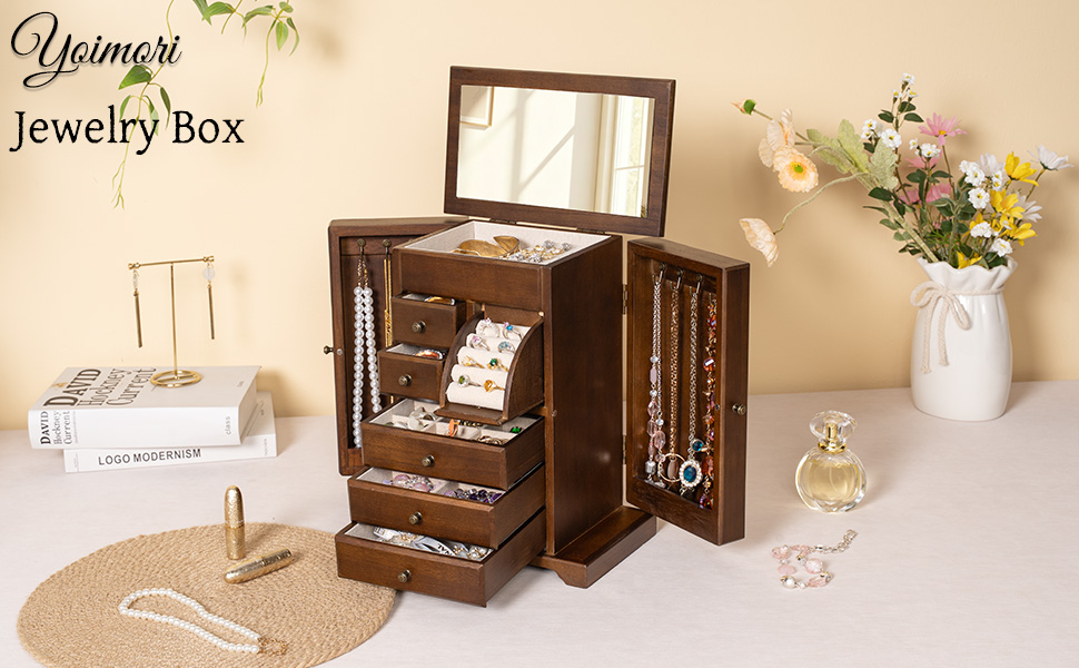 Emfogo 6-Layer Wooden Jewelry Box with Mirror for Women product details