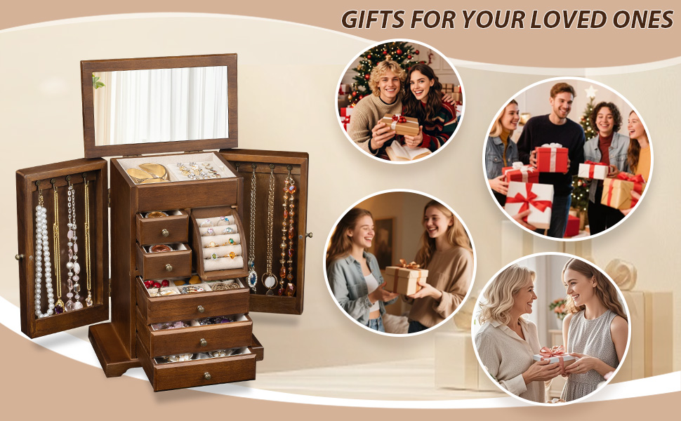 Emfogo 6-Layer Wooden Jewelry Box with Mirror for Women product details