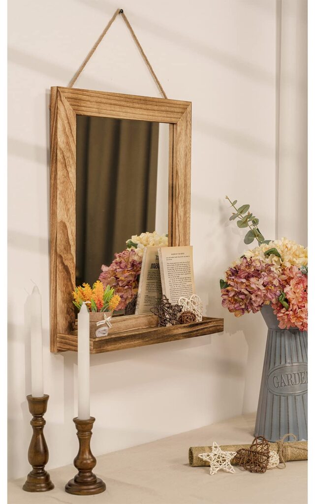 Emfogo Wall Mirror with Shelf, 20 x 16 inch Farmhouse Decor Wall Mirror Hanging for Bathroom, Vanity, Bedroom, Entryway, Living Room