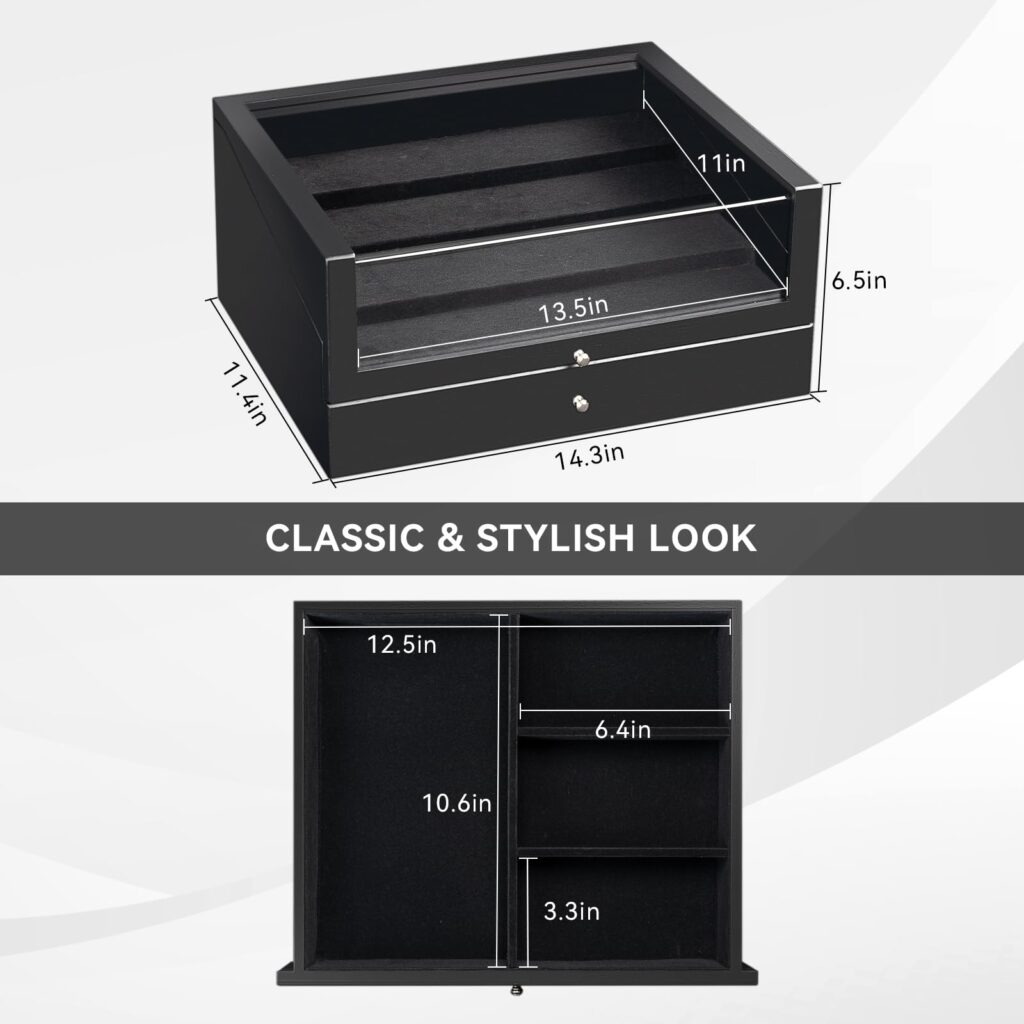 Emfogo Wooden Sunglasses Organizer for 14 Pairs with Clear Lid and Drawer