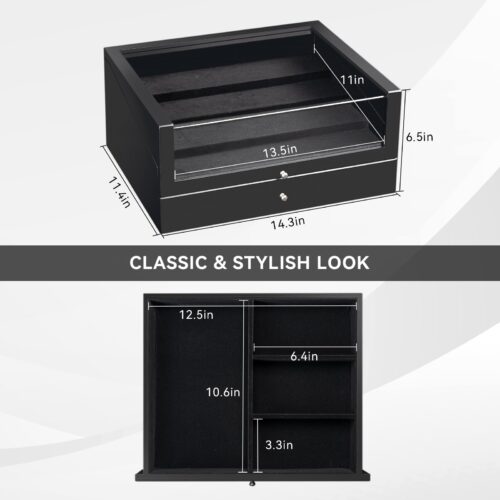 Emfogo Wooden Sunglasses Organizer for 14 Pairs with Clear Lid and Drawer