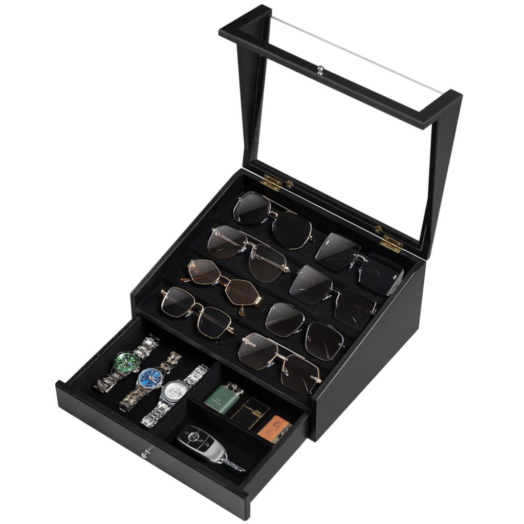 Emfogo Wooden Sunglasses Organizer for 14 Pairs with Clear Lid and Drawer
