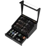 Emfogo Wooden Sunglasses Organizer for 14 Pairs with Clear Lid and Drawer