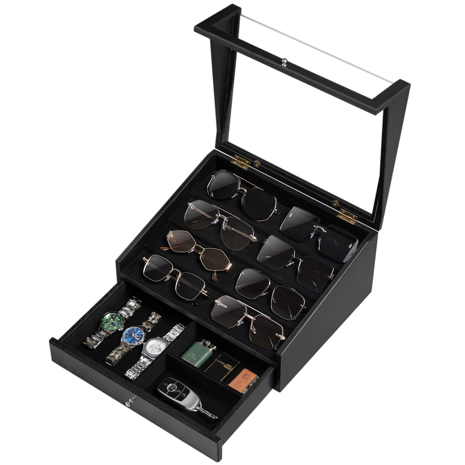 Emfogo Wooden Sunglasses Organizer for 14 Pairs with Clear Lid and Drawer
