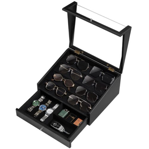 Emfogo Wooden Sunglasses Organizer for 14 Pairs with Clear Lid and Drawer