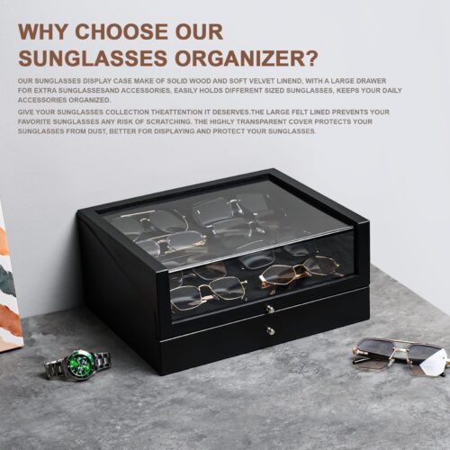 Emfogo Wooden Sunglasses Organizer for 14 Pairs with Clear Lid and Drawer
