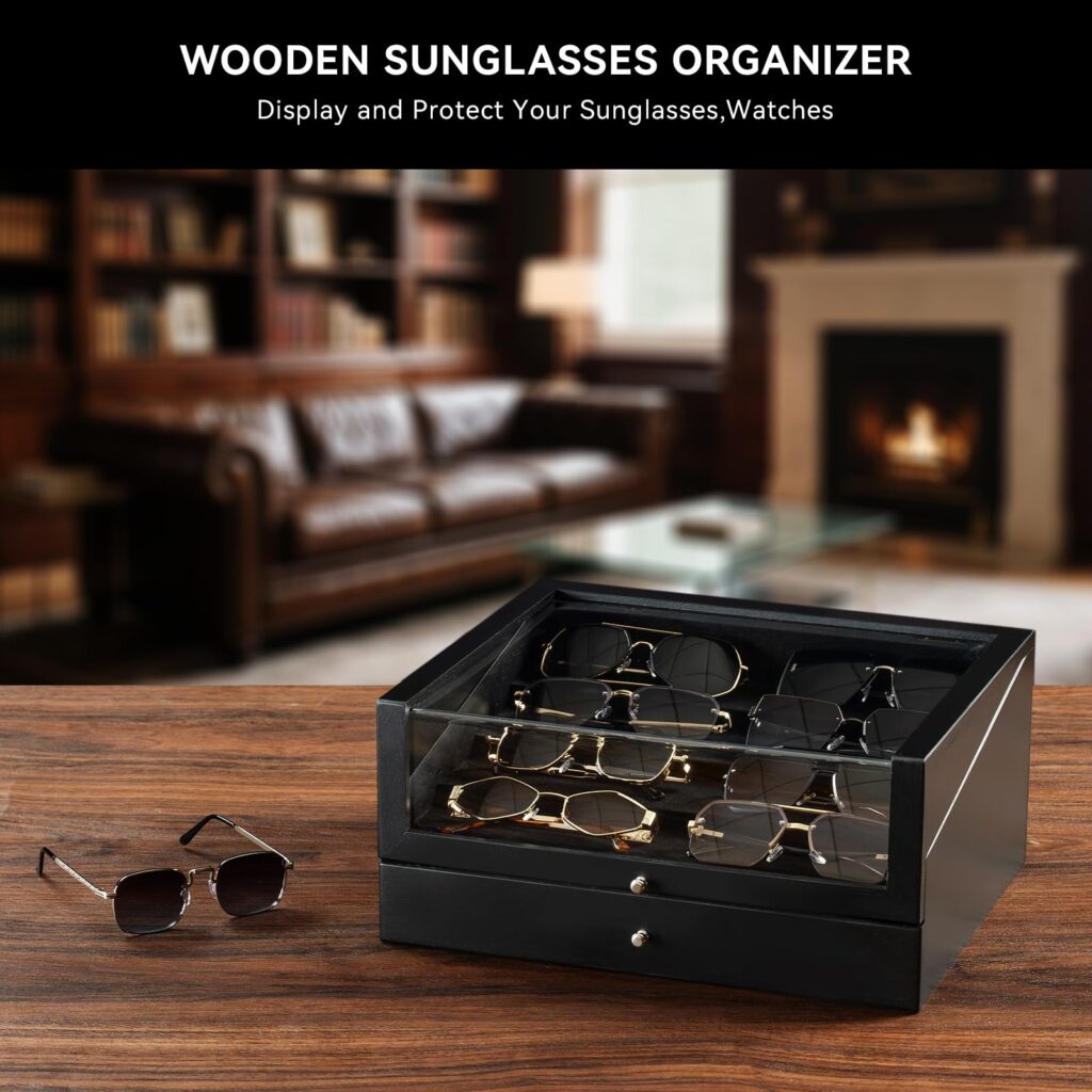 Emfogo Wooden Sunglasses Organizer for 14 Pairs with Clear Lid and Drawer