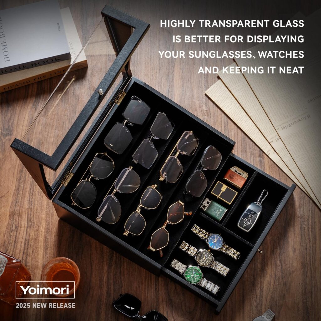 Emfogo Wooden Sunglasses Organizer for 14 Pairs with Clear Lid and Drawer