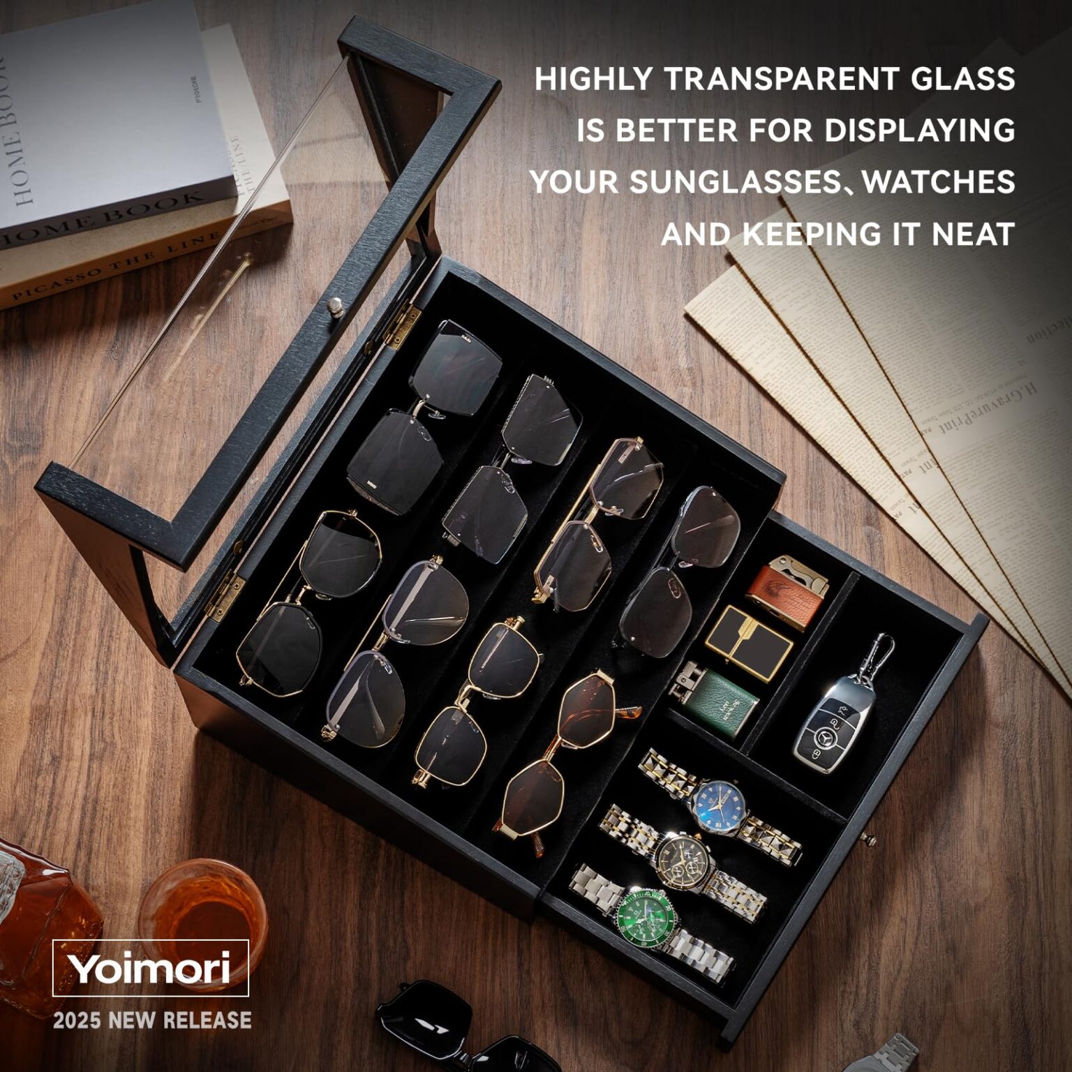 Emfogo Wooden Sunglasses Organizer for 14 Pairs with Clear Lid and Drawer