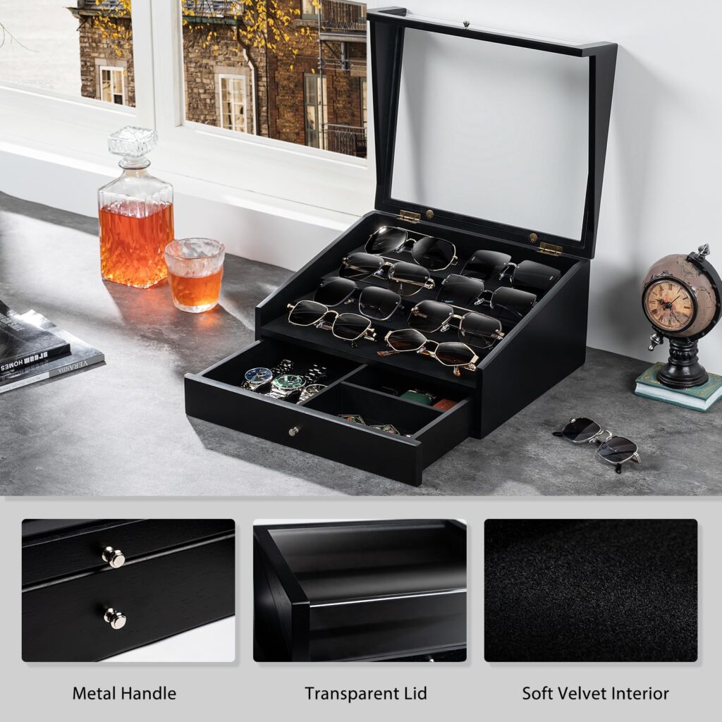 Emfogo Wooden Sunglasses Organizer for 14 Pairs with Clear Lid and Drawer
