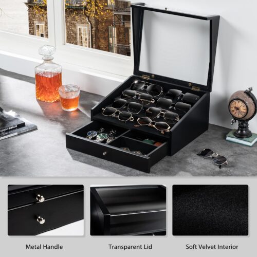 Emfogo Wooden Sunglasses Organizer for 14 Pairs with Clear Lid and Drawer