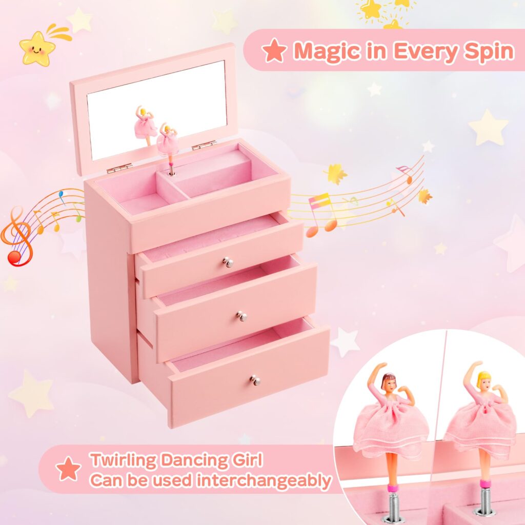 Emfogo 4-Layer Musical Jewelry Box for Girls with Spinning Dancer