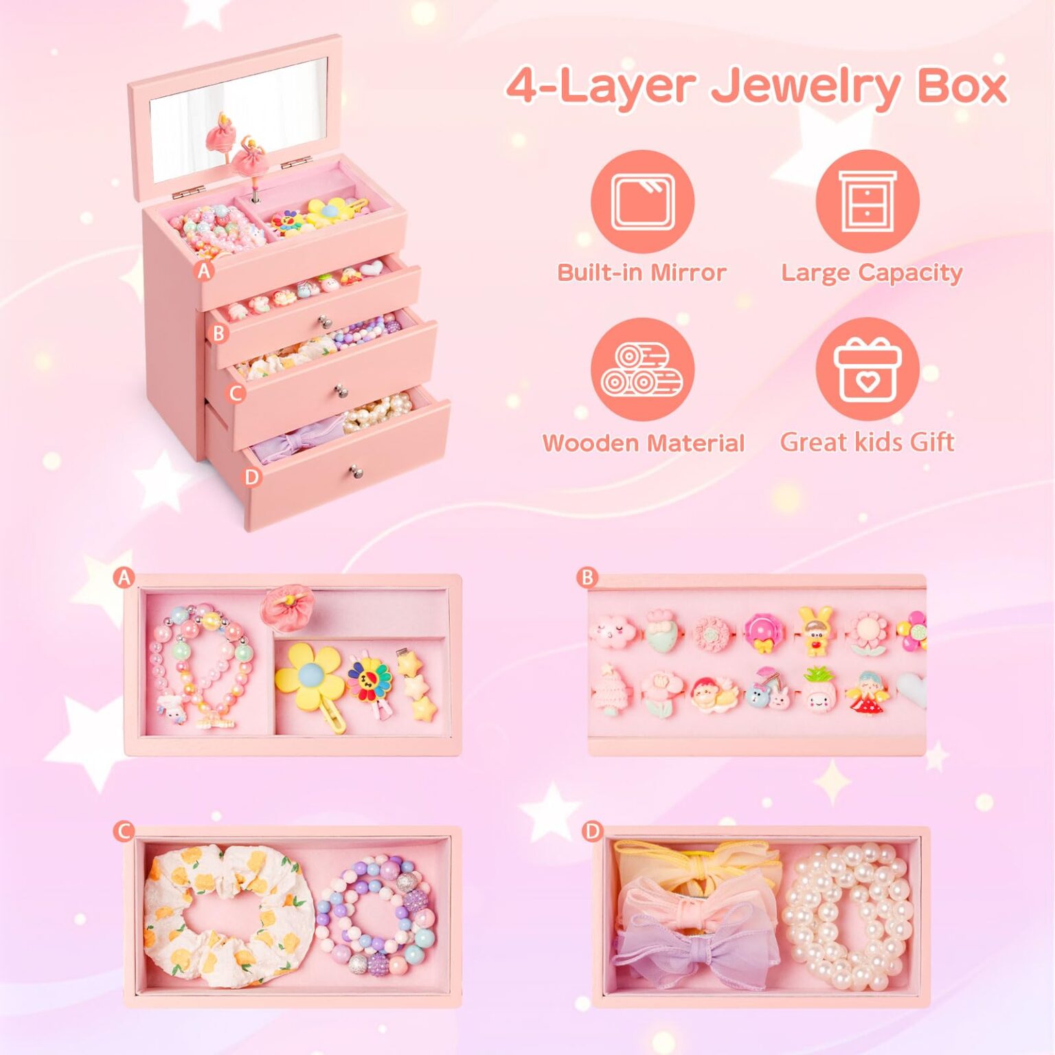 Emfogo 4-Layer Musical Jewelry Box for Girls with Spinning Dancer