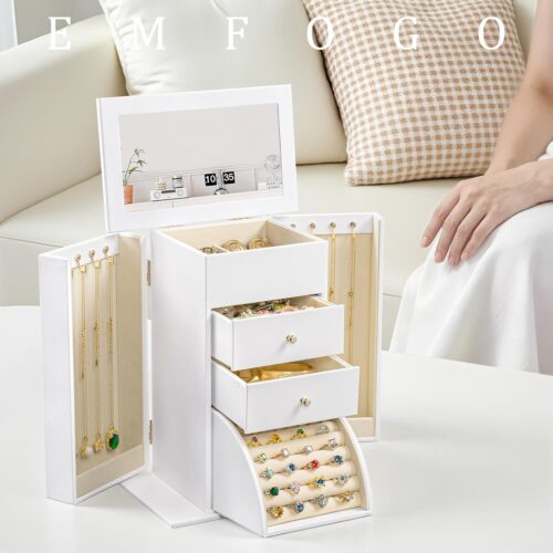 Emfogo Large Faux Leather Jewelry Box with Mirror – 4 Tier Organizer with Drawers & Necklace Hooks - Image 5