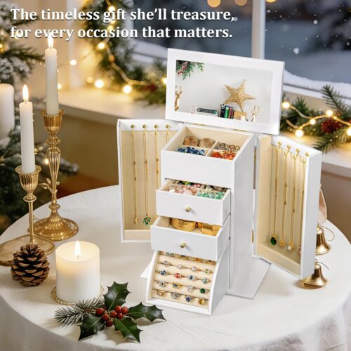 Emfogo Large Faux Leather Jewelry Box with Mirror – 4 Tier Organizer with Drawers & Necklace Hooks - Image 6