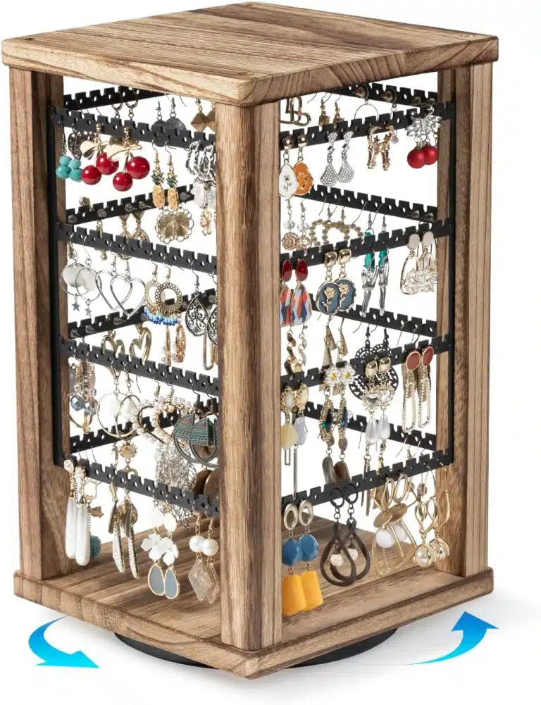 Emfogo 360° Rotating Rustic Wood Earring Organizer Stand, 4-Tier Display for Earrings & Necklaces, Ideal Gift for Women - Image 4