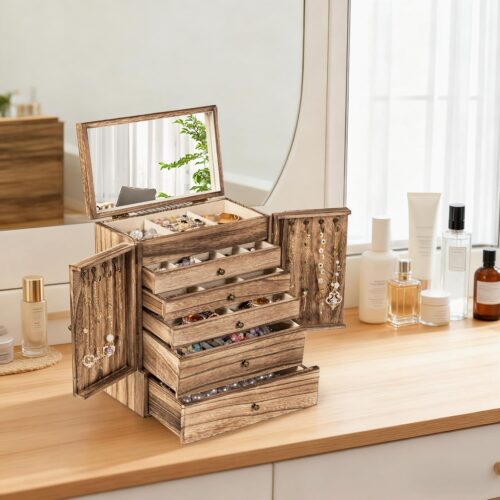 Emfogo 6-Tier Wooden Jewelry Box with Mirror, Large Rustic Jewelry Organizer for Rings, Necklaces & Watches - Image 2