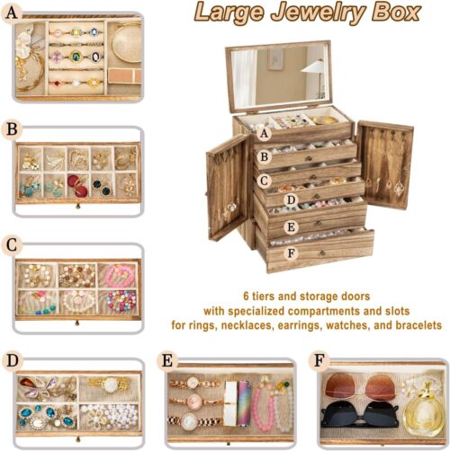 Emfogo 6-Tier Wooden Jewelry Box with Mirror, Large Rustic Jewelry Organizer for Rings, Necklaces & Watches - Image 5